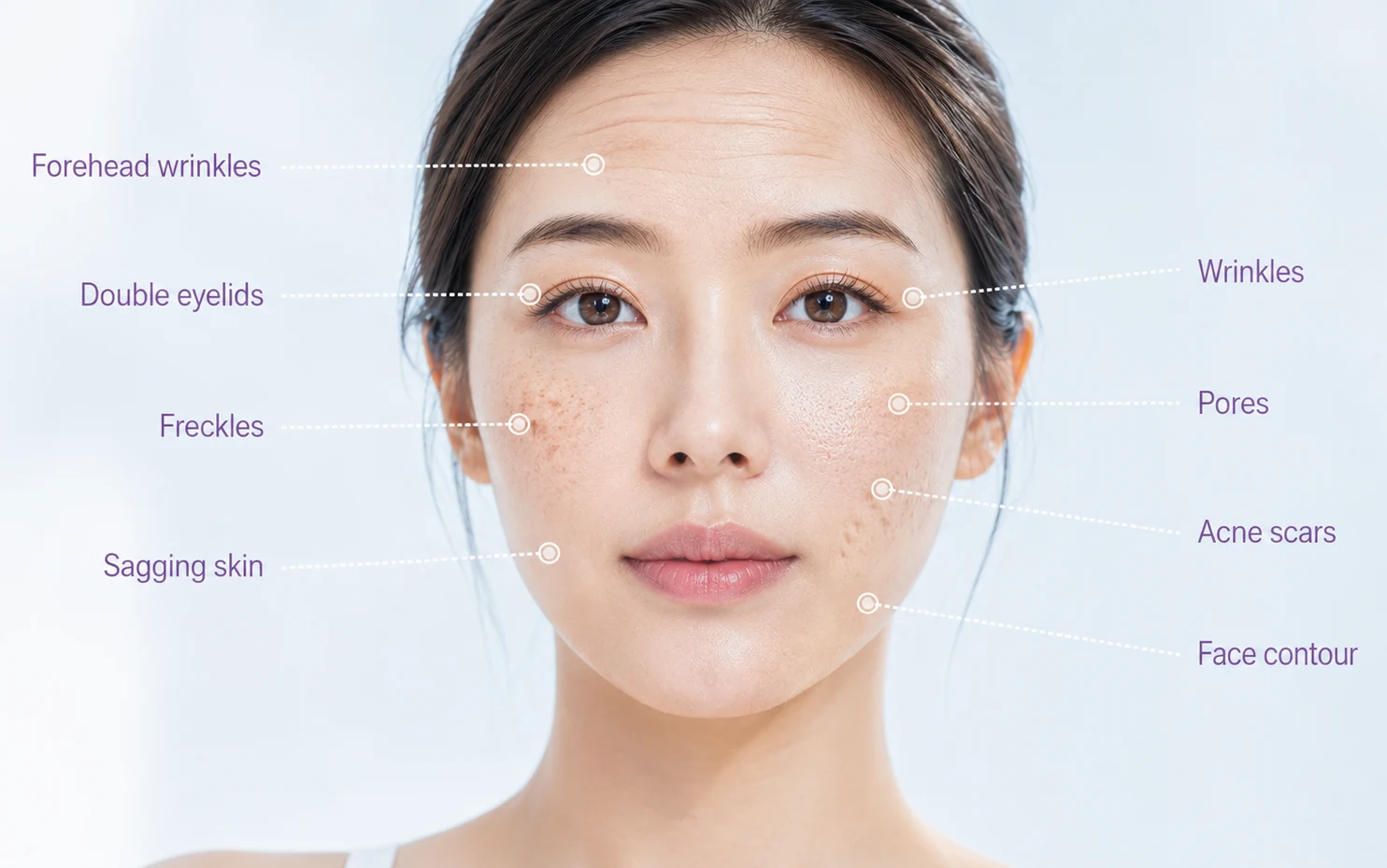 A face with common concerns labelled: forehead wrinkles, double eyelids, freckles and sagging skin on the left; wrinkles, pores, acne scars and face contour on the right